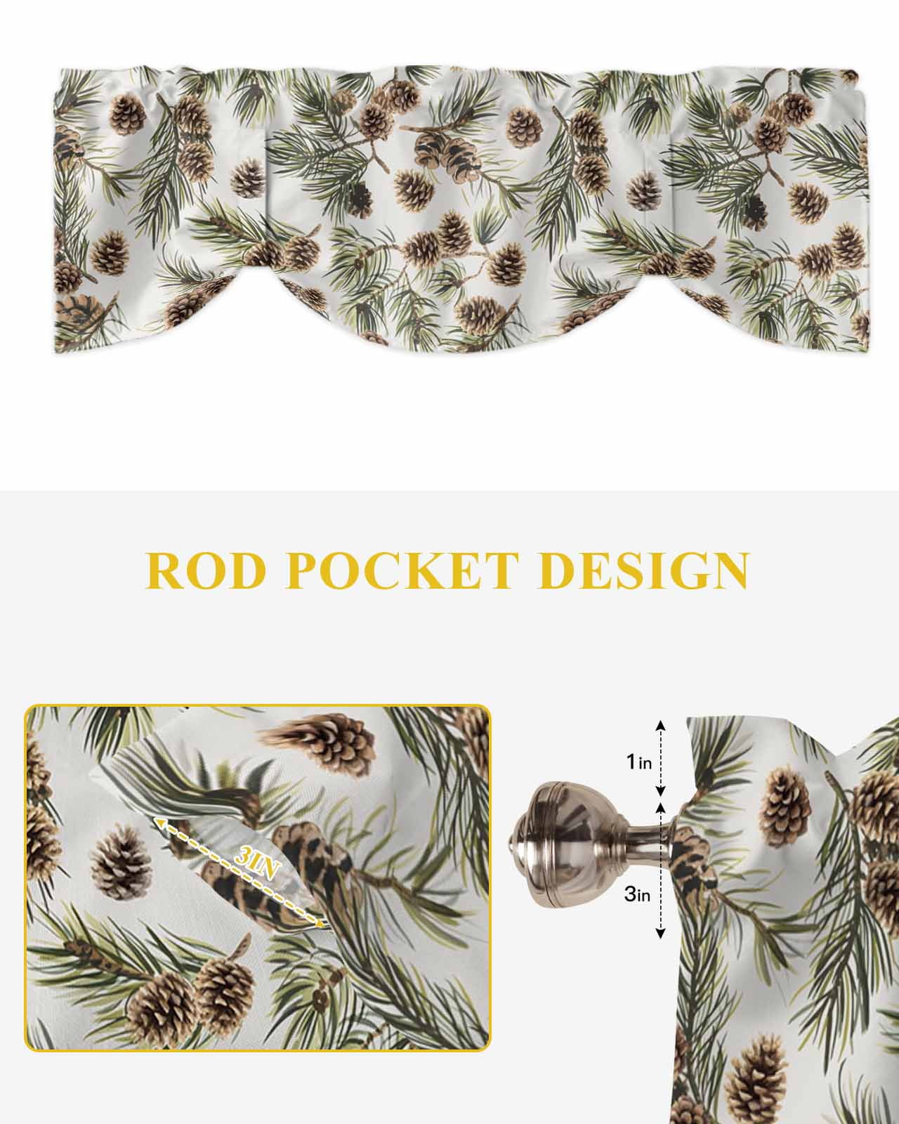 Brown Pine Cones Tie Up Valances Curtain, Green Leaves Branch White Background Kitchen Valances for Windows Decor, Rod Pocket Short Curtains Set for Bedroom/Bathroom, 54"x18"
