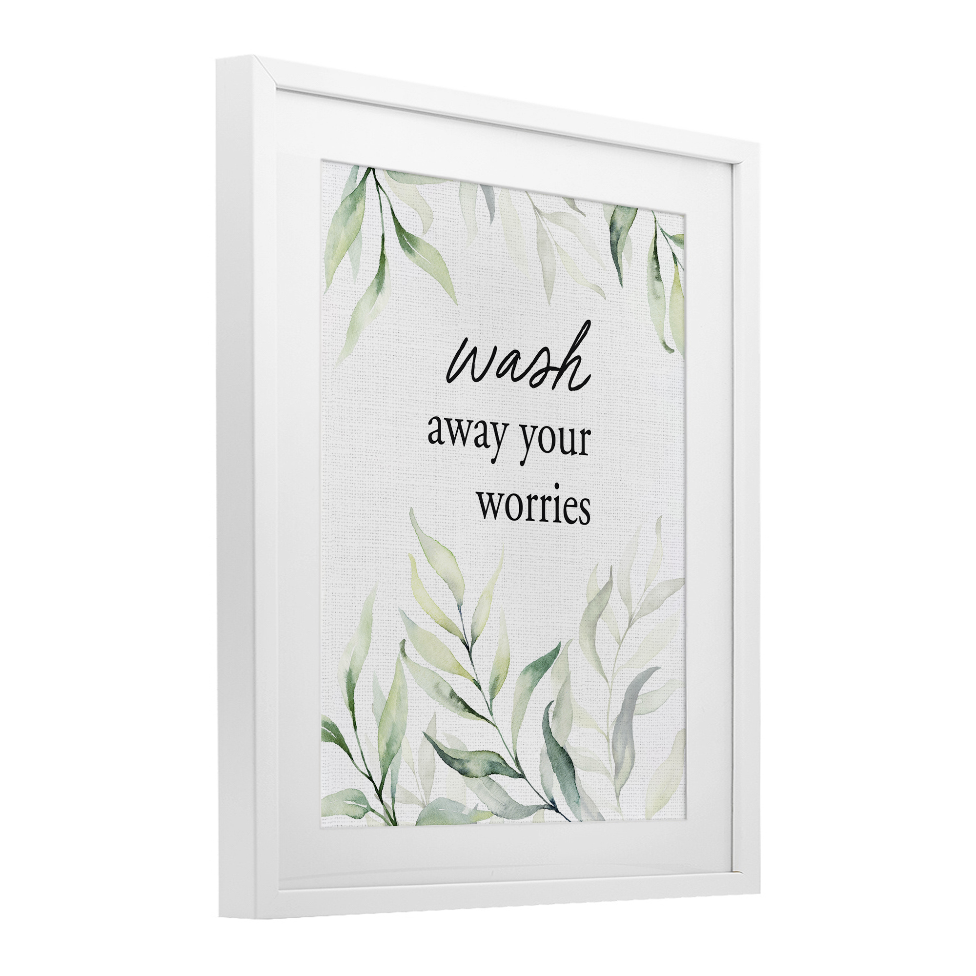 Wash Away Worries Greenery White Framed Print Under Glass, design by Lettered and Lined