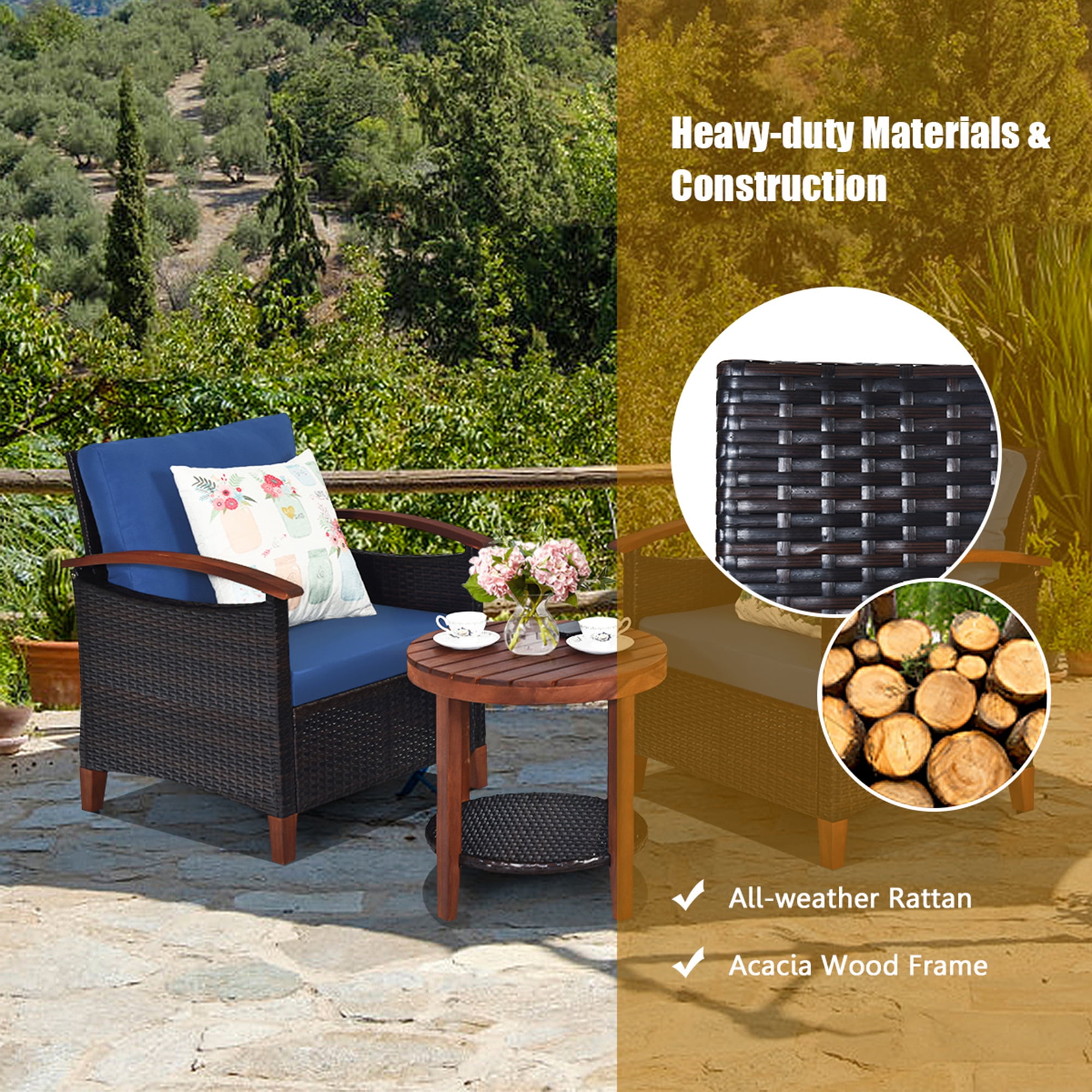 Gymax 3PCS Patio Wicker Rattan Conversation Set Outdoor Furniture Set w/ Cushion