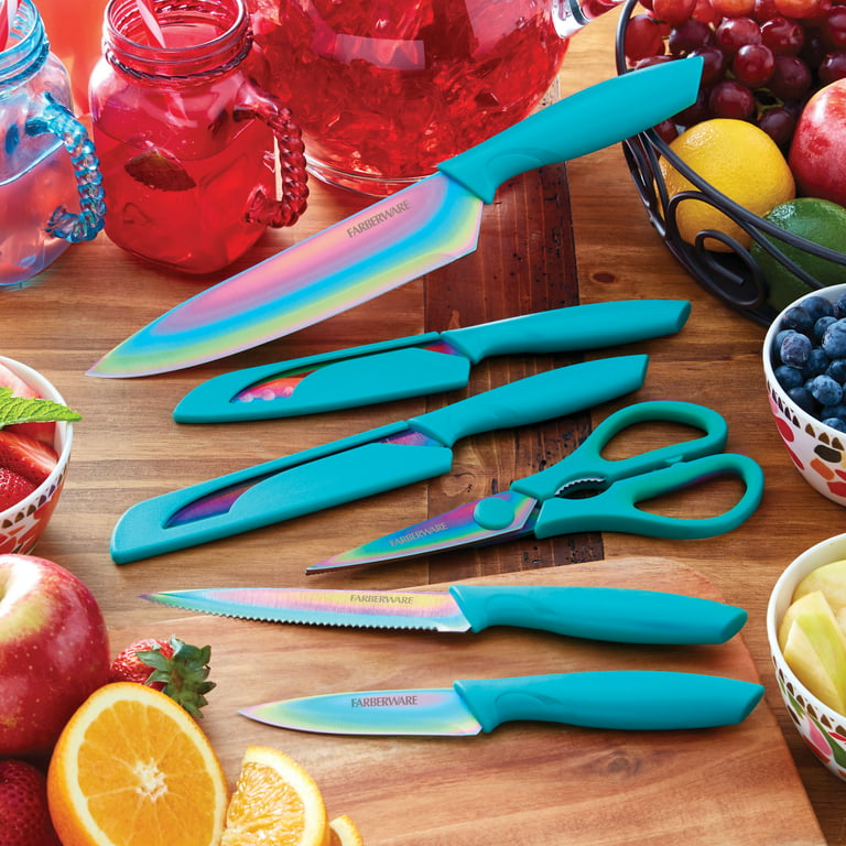 Farberware 11-piece Rainbow Iridescent Blades with Teal Handles and Sheath  Titanium Cutlery Set - Walmart.com