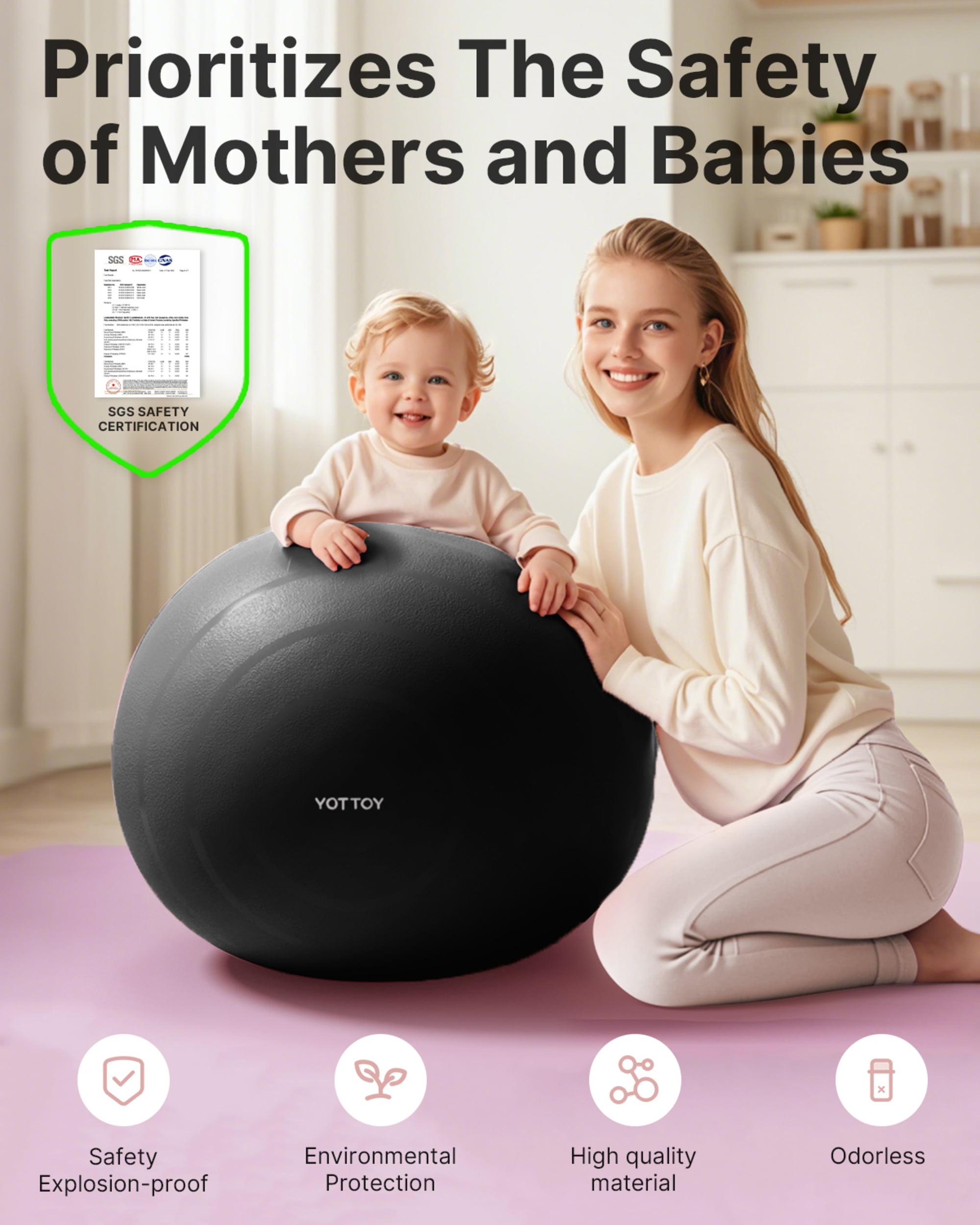 YOTTOY Anti-Burst Exercise Ball, 65 cm — Black, Extra Thick for Yoga & Physical Therapy
