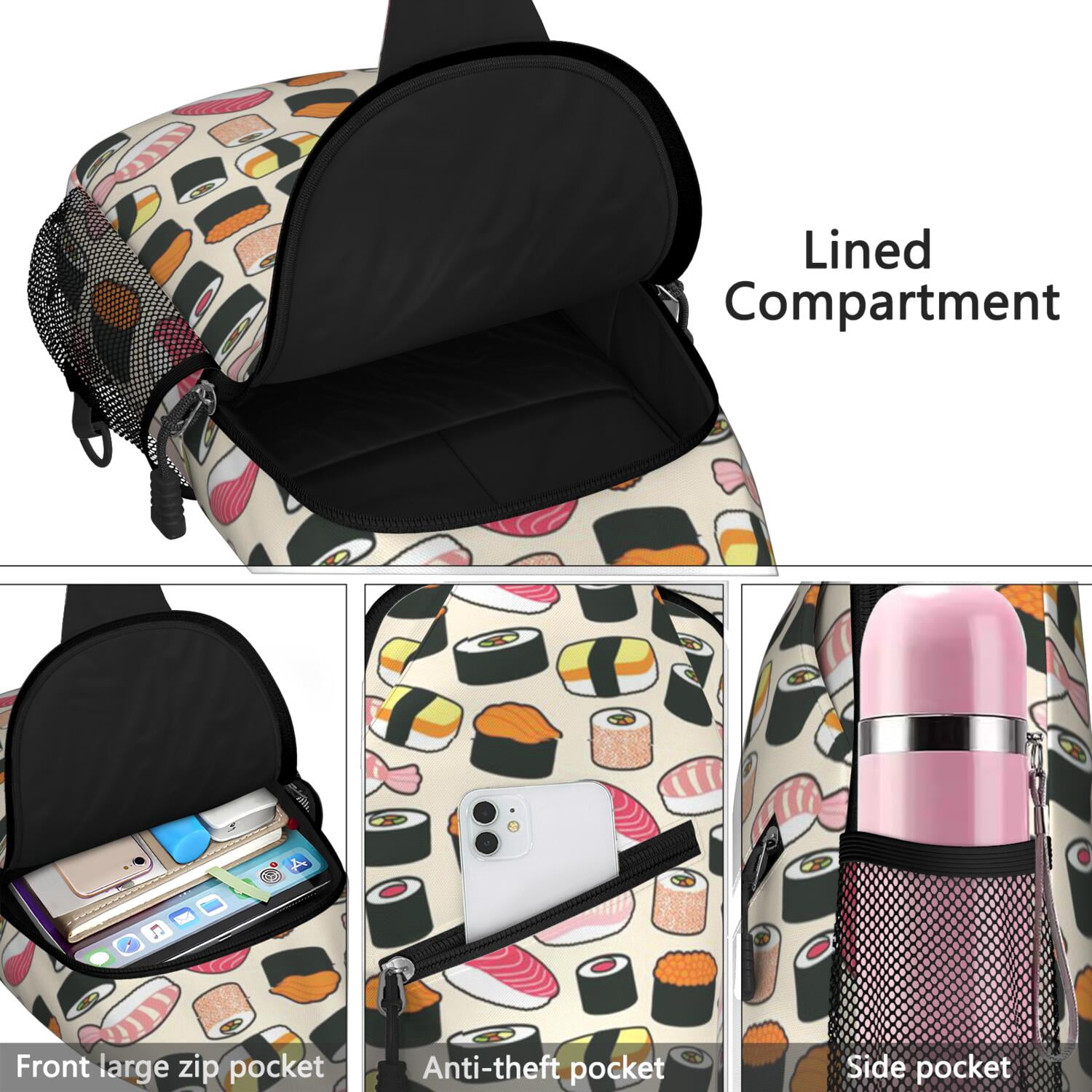 Japanese Food Inspired Shoulder Backpack Lightweight Sling Bag for Outdoor Adventures & Daily Commuting Durable & Travel-Ready Sushi Roll Design