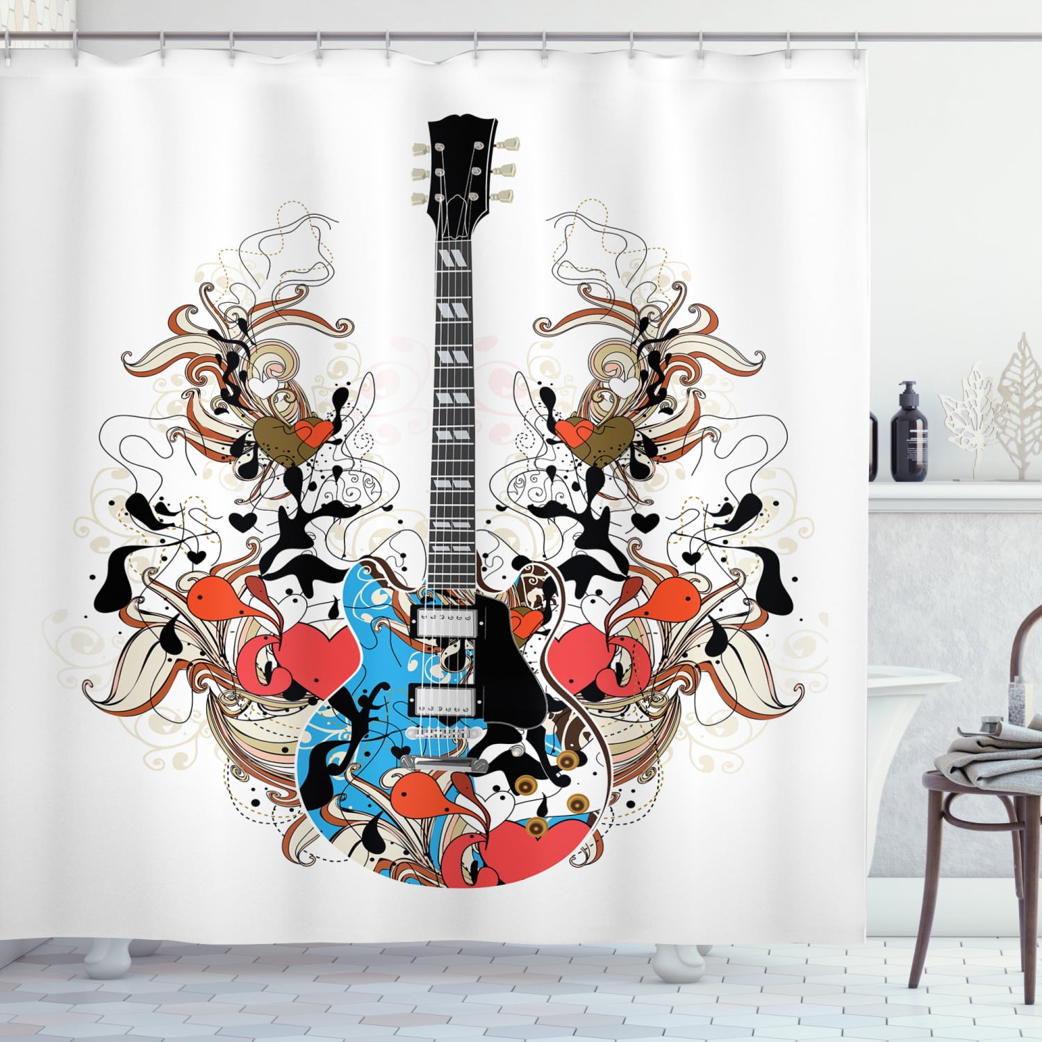 Guitar Shower Curtain, Artwork of Floral Details Streaks Curls and