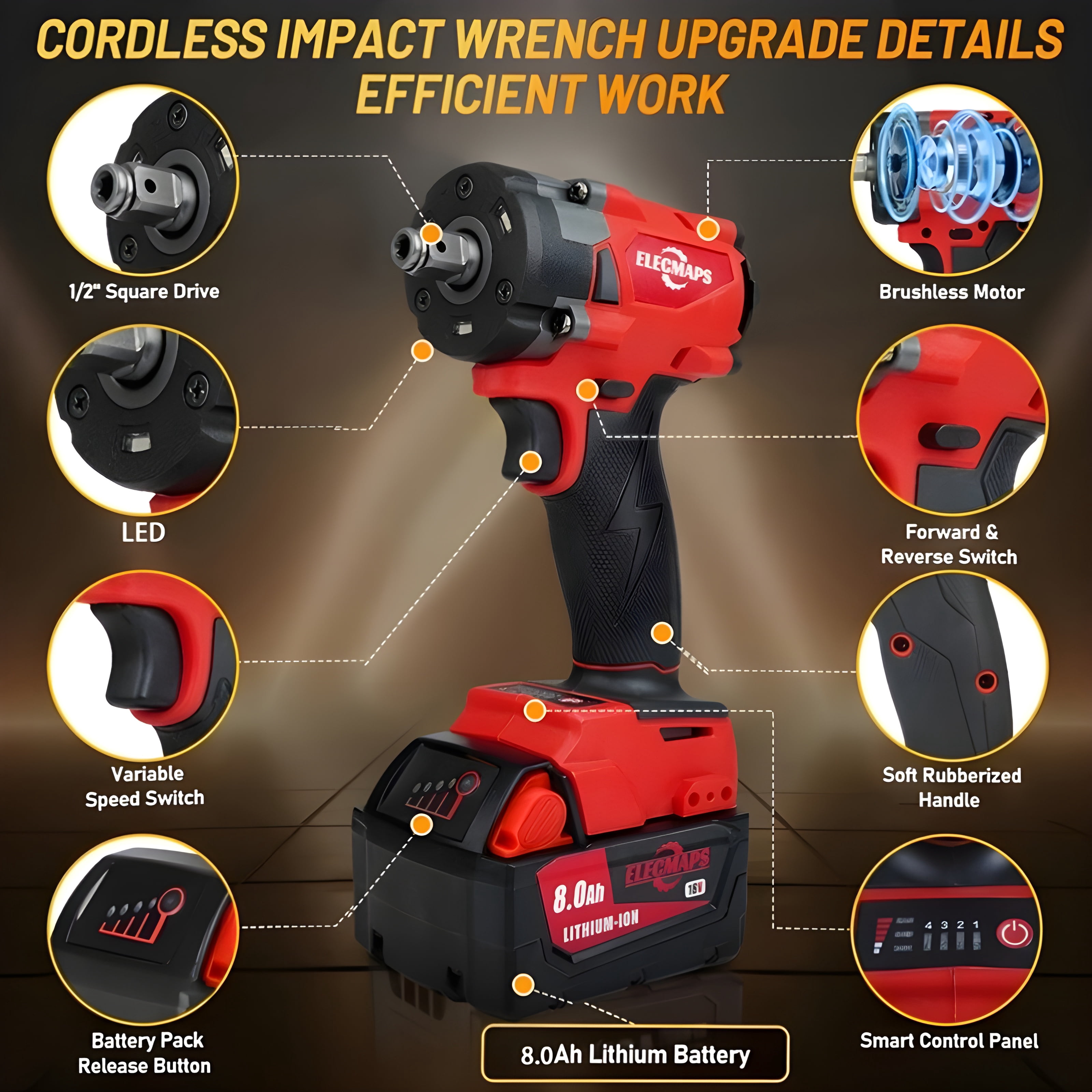 ELECMAPS 3-in-1 Cordless Impact Wrench 1/2 Inch, Brushless 450N.m, 3-Speed, Compatible with Milwaukee M18 Batteries, Set with 6 Magnetic Phillips Bits, Bare Tool Only
