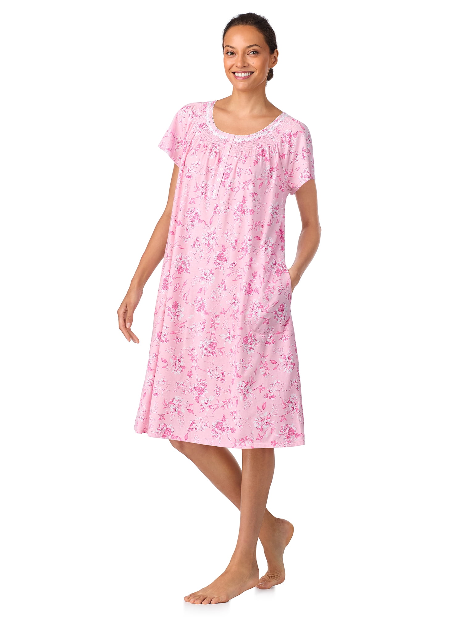 Aria Women's 100% Cotton Raglan Sleeve Smocked Neck 40" Sleepwear Gown, Sizes XS-5X