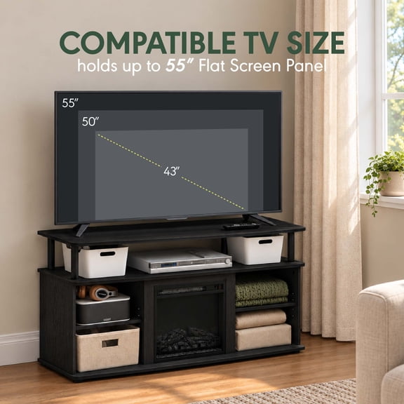 Furinno Jensen Open Shelving Storage Fireplace Entertainment Center for TV up to 55 Inch, Americano/Black