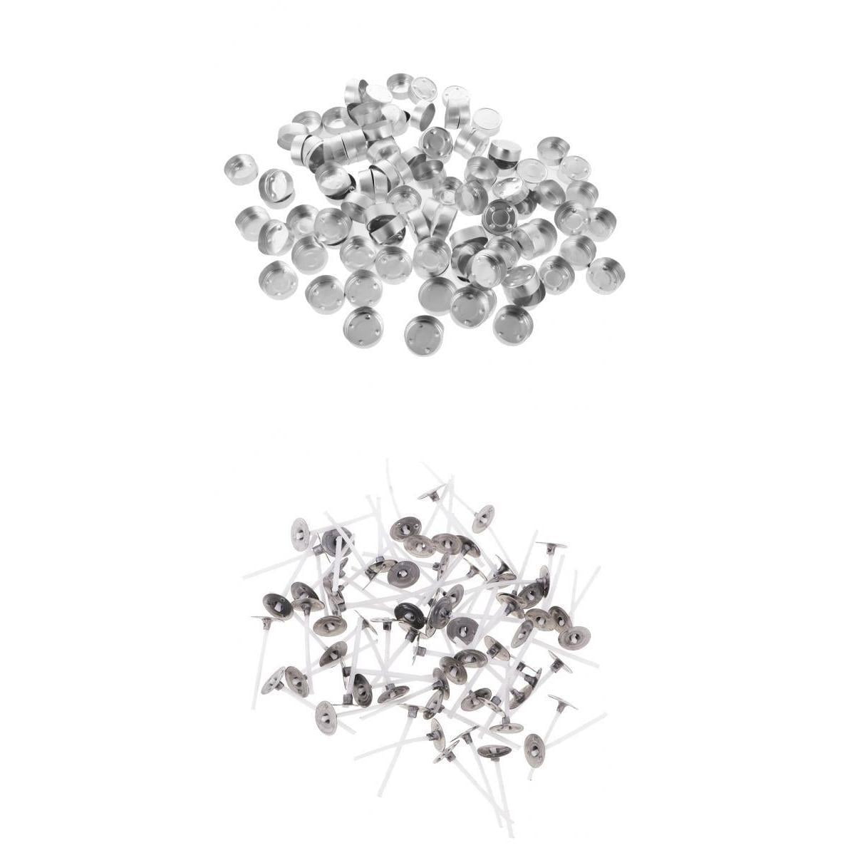 100 Pieces Straight Flange Empty Aluminum Case Tealight Cups Containers + 100PCS CANDLE WICKS WITH Sustainers DIY Tea Light Candle Making Tool s