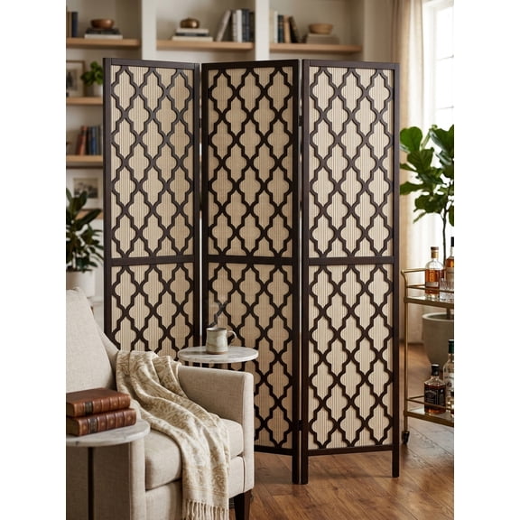 Legacy Decor Room Divider Rattan Cane Webbing Insert with Decorative Cut Outs 3 Panels Freestanding Espresso Color 70 in H x 51 in W