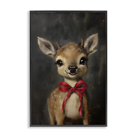 Stupell Industries Traditional Spotted Fawn with Red Bow Black Framed Giclee Art, 12 x 18, by Lettered and Lined