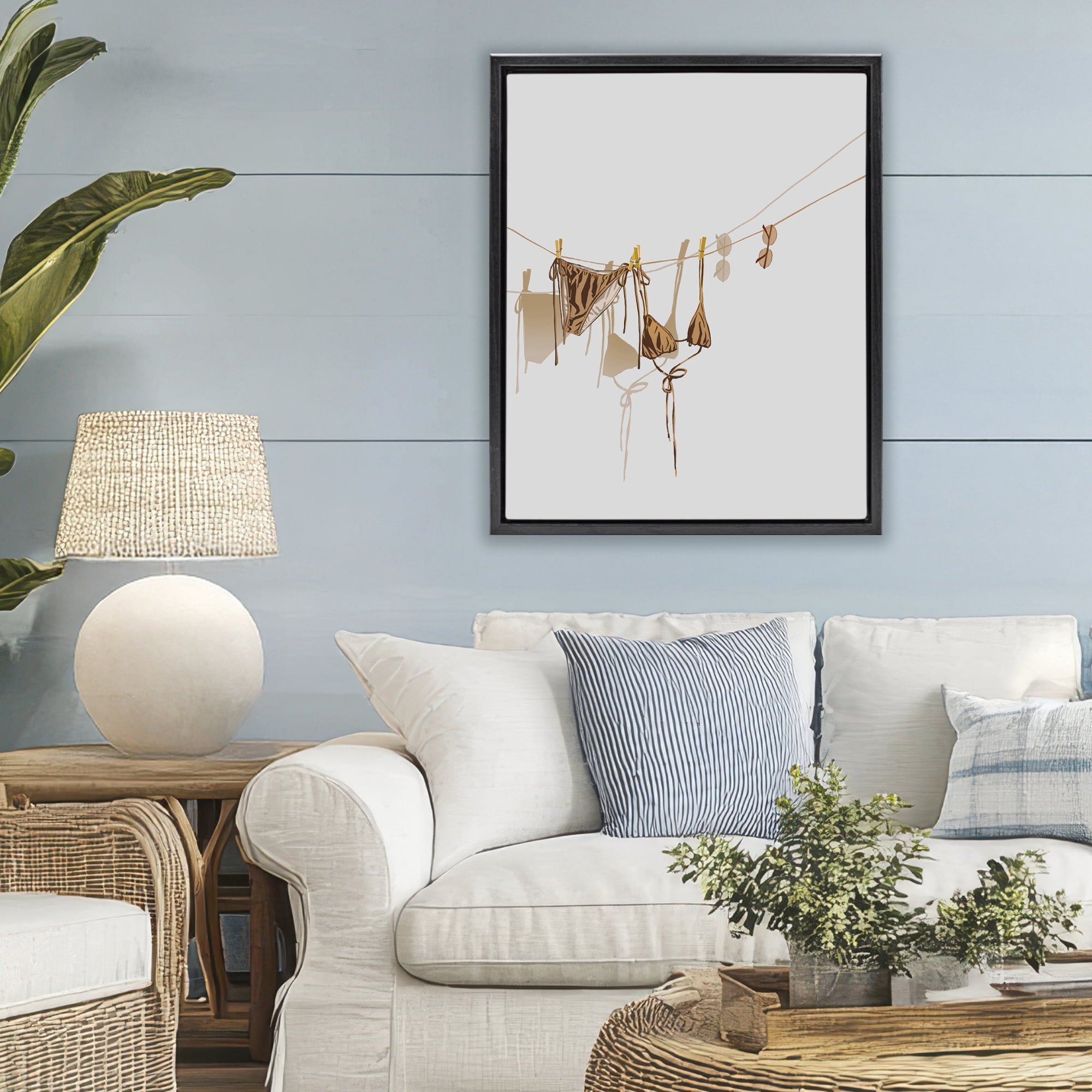Stupell Industries Sunlit Bikini on Clothesline Black Framed Floater Canvas Wall Art, design by Ziwei Li