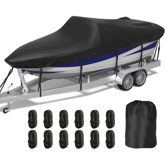 Trailerable Boat Cover 17-19ft, 1200D Oxford Heavy-Duty Marine Grade Waterproof Boat Cover with Storage Bag, Fits V-Hull, Tri-Hull, Bass Tracker, Fishing, Runabout Boat, Black