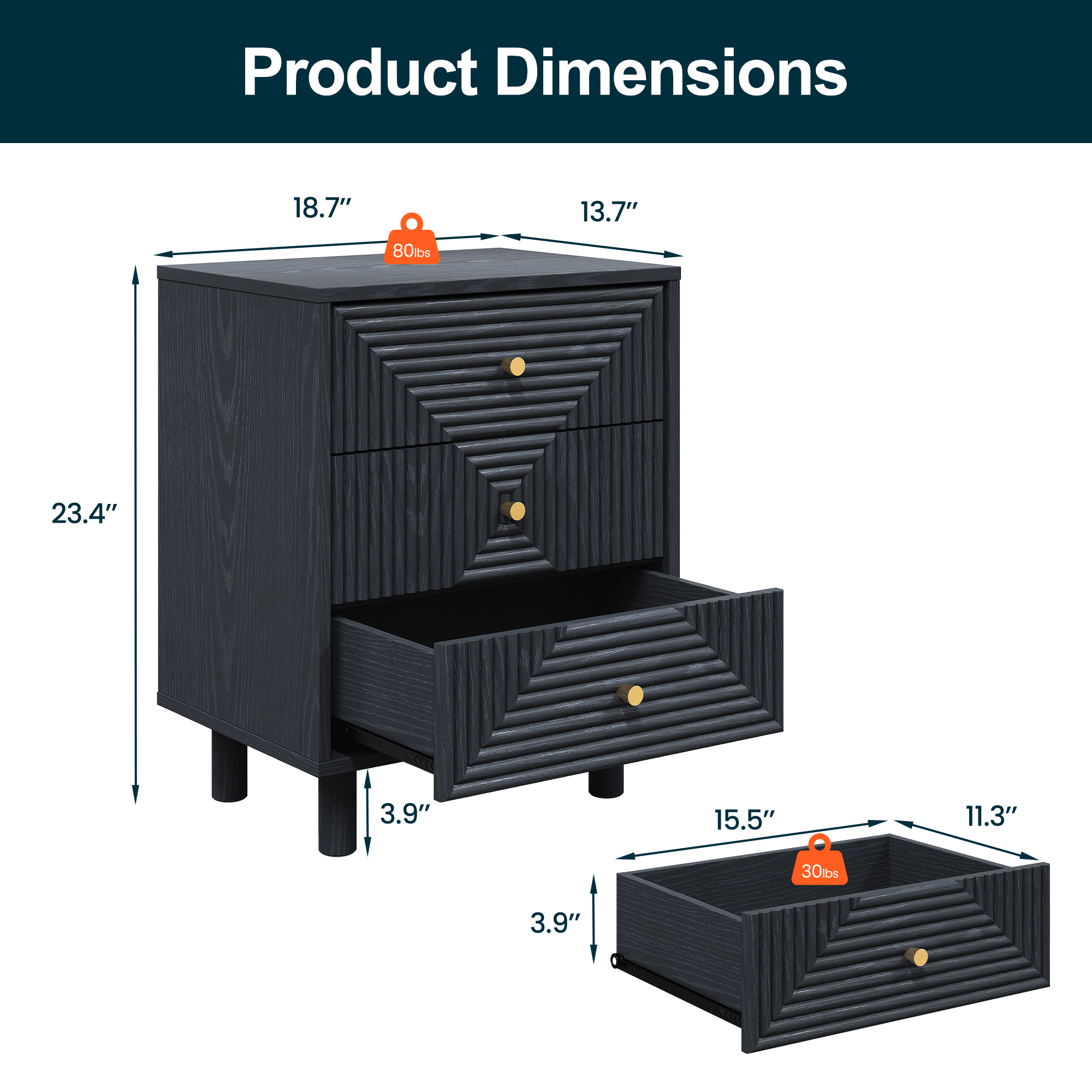 Heynemo Nightstand with 3 Drawers Set of 2, Modern Chest of Drawers for Bedroom, Living Room, Entryway, Black