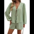 thumbnail image 1 of Conjunto de 2 Piezas para Mujer, Camiseta de Larga con Lazo Delantero, Pantalón Corto y Pijama Deportivo Informal. Verde XL, 1 of 10