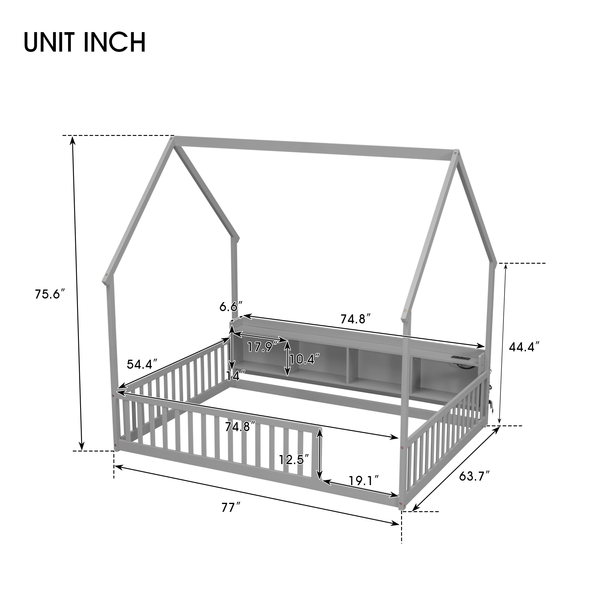 Floor Bed with House Design and Storage Shelves, Full Pine Wood Platform Bed and Charging Station Bed Frame with LED Lights and Guardrails, Gray