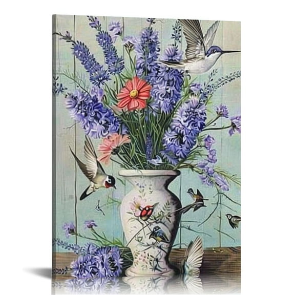 Acheng Purple Lavender Bathroom Decor Wall Art country Lavender Hummingbird Picture Wall Decor Inspirational Canvas Painting Print Modern Home Framed Artwork for Bedroom Bathroom 12x16 in