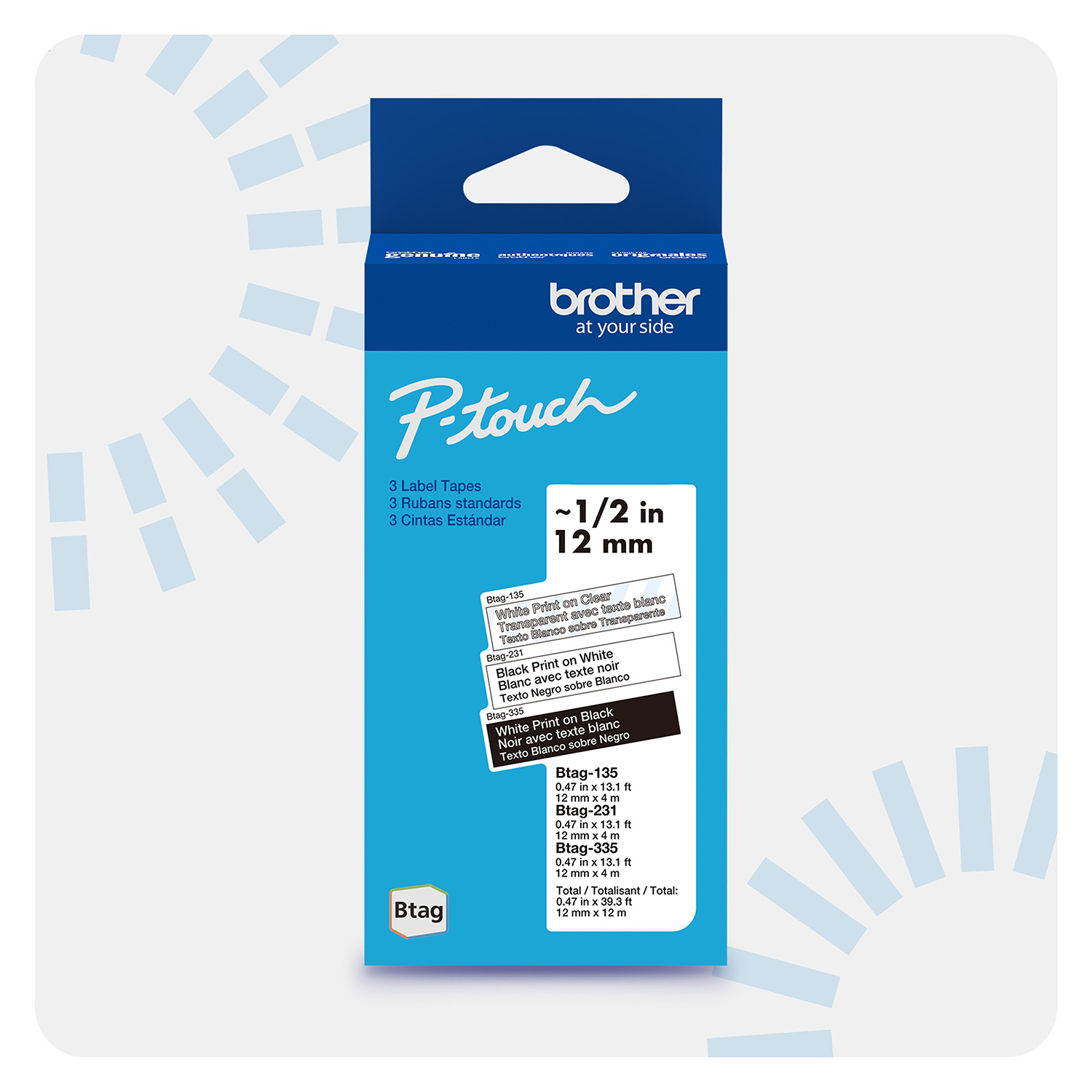 Brother Genuine P-touch BTAG3M01, 3-Pack Label Tape, White on Clear, Black on White, White on Black Label Tape, ~1/2in by 13.1ft (12mm x 4m) for Ptouch Label Makers