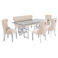 thumbnail image 1 of 6pc Clear Glass Dining Set with Silver Stainless Steel Base + Chairs + Bench, 1 of 5