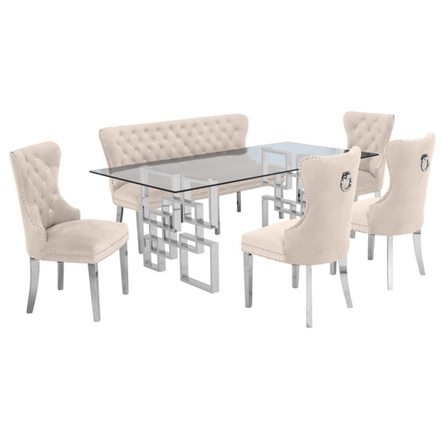 6pc Clear Glass Dining Set with Silver Stainless Steel Base + Chairs + Bench