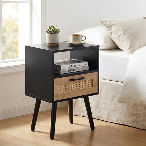 MORPAZX 15" Rattan End Table, Nightstand with Drawer and Solid Wood Legs, Black