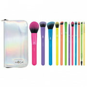 MODA Brush 13pc Totally Electric Full Face Makeup Brush Set with Holographic Zip Case, Includes - Angled Blush, Highlight and Glow, Angled Shader, and Glam Topper Brushes
