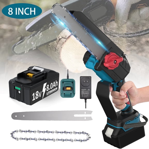 8 INCH Chainsaw Cordless with BL1830 8000 mAh Battery and Charger  Compatible with Makita, Power Chain Saw with Security Lock, Electric Chainsaw, Handheld Small Chainsaw for Tree Trimming Wood Cuttin