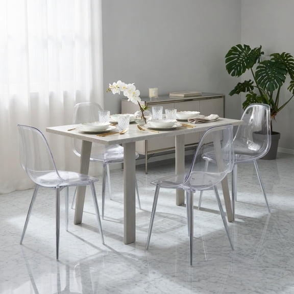Demi Bonn Set of 4 Dining Chairs Modern Plastic Shell Side Chair with Clear Seat and Wood Legs for Dining Room Living Room, Silver