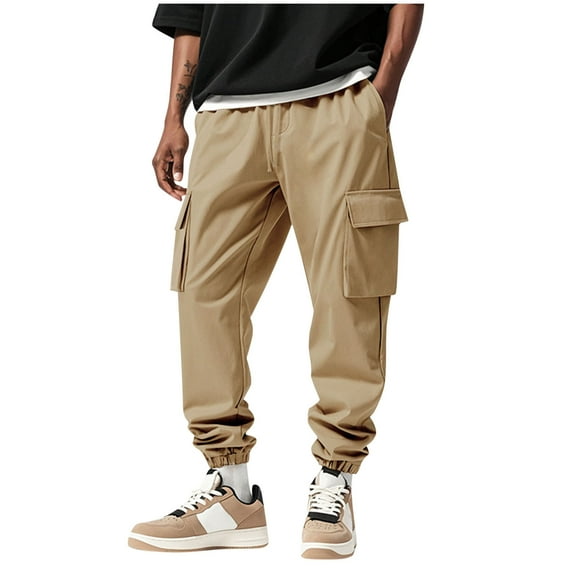 Stamzod Athletic Pants for Men with Pockets Solid Color Casual Stretch Waist Cargo Pants Spring & Fall Outdoor Workout Running Work Pants for Men Construction Khaki XXL