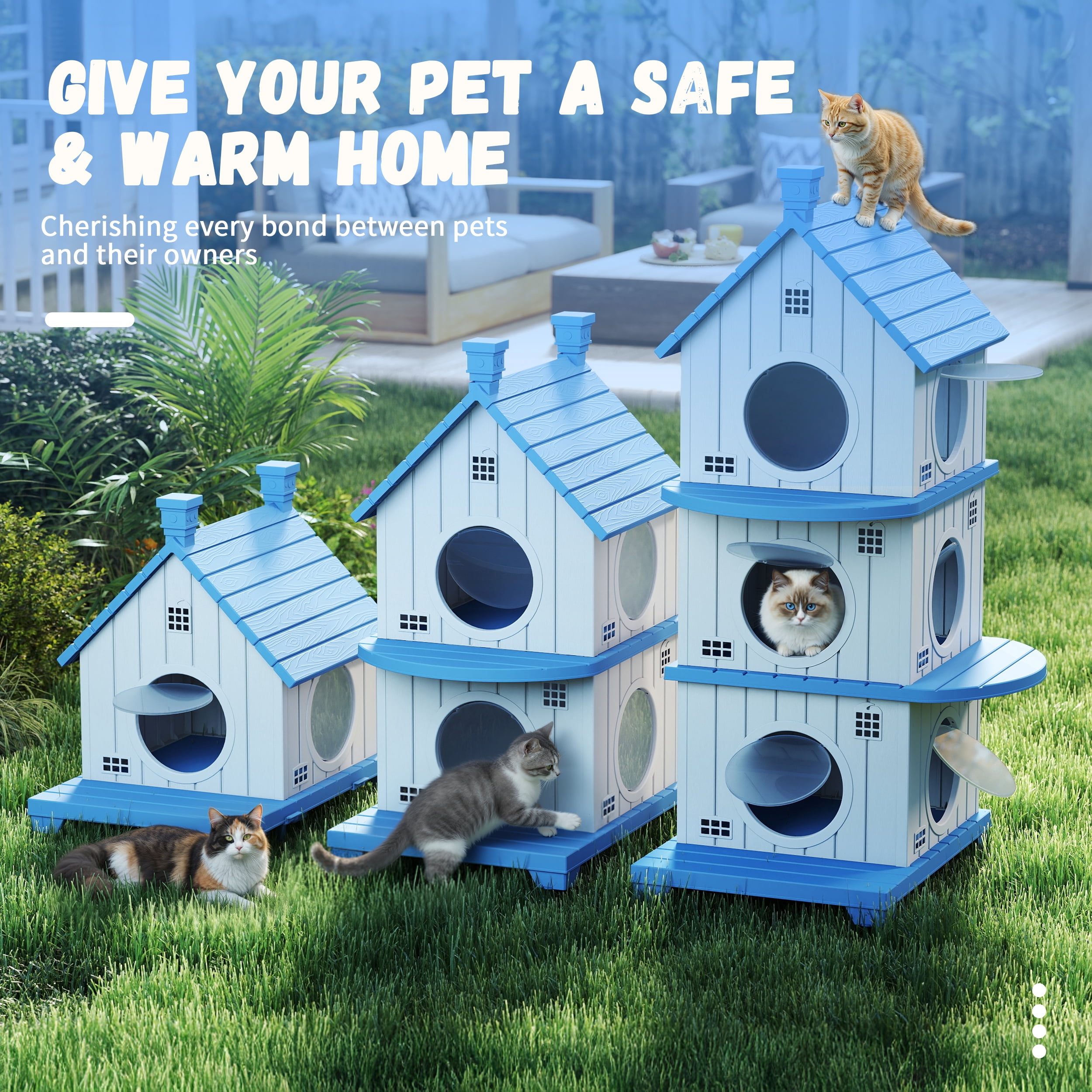 EASY UP Resin Outdoor Cat House,Villa, Multi-layer Design, Weather-resistant and Moisture-proof (Blue)