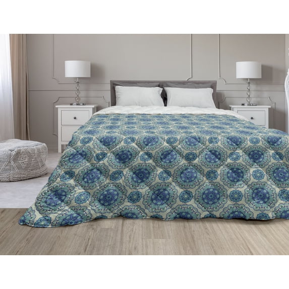 Abstract Down Alternative Comforter, Pattern of Squares with Striped Half Circles Geometric Details, Microfiber Quilt for All Season, 5 Sizes, Dark Night Blue White, by Ambesonne