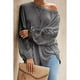 thumbnail image 4 of Camiseta Ahueca Hacia Fuera Manga Larga Cuello oblicuo Color Puro Tops De Un Hombro para Mujer Gris XL, 4 of 6