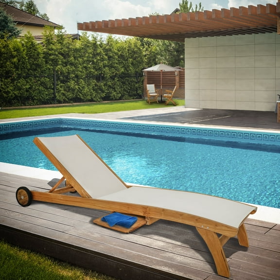Teak Wood Bahama Outdoor Patio Pool Lounger With Batyline Mesh, White, A-Grade Teak Wood