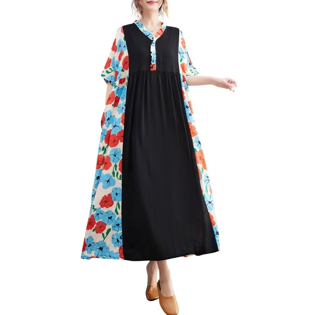 Vestido suelto de mujer con bolsillos, volantes, cuello en V, manga corta, vestido vintage de vac Romacci Vestido