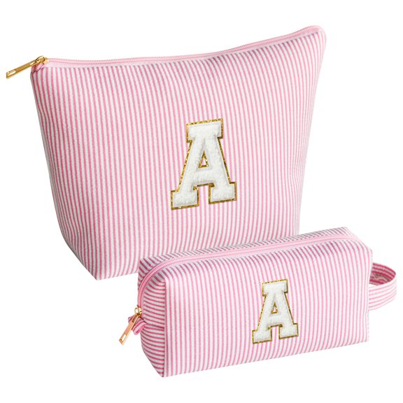 Sm:)e Personalized Initial Makeup Bag, Cosmetic Bag for Teen Girls and Women, Toiletry Bags for Travel Holiday Birthday,2 Pack (A, Pink)