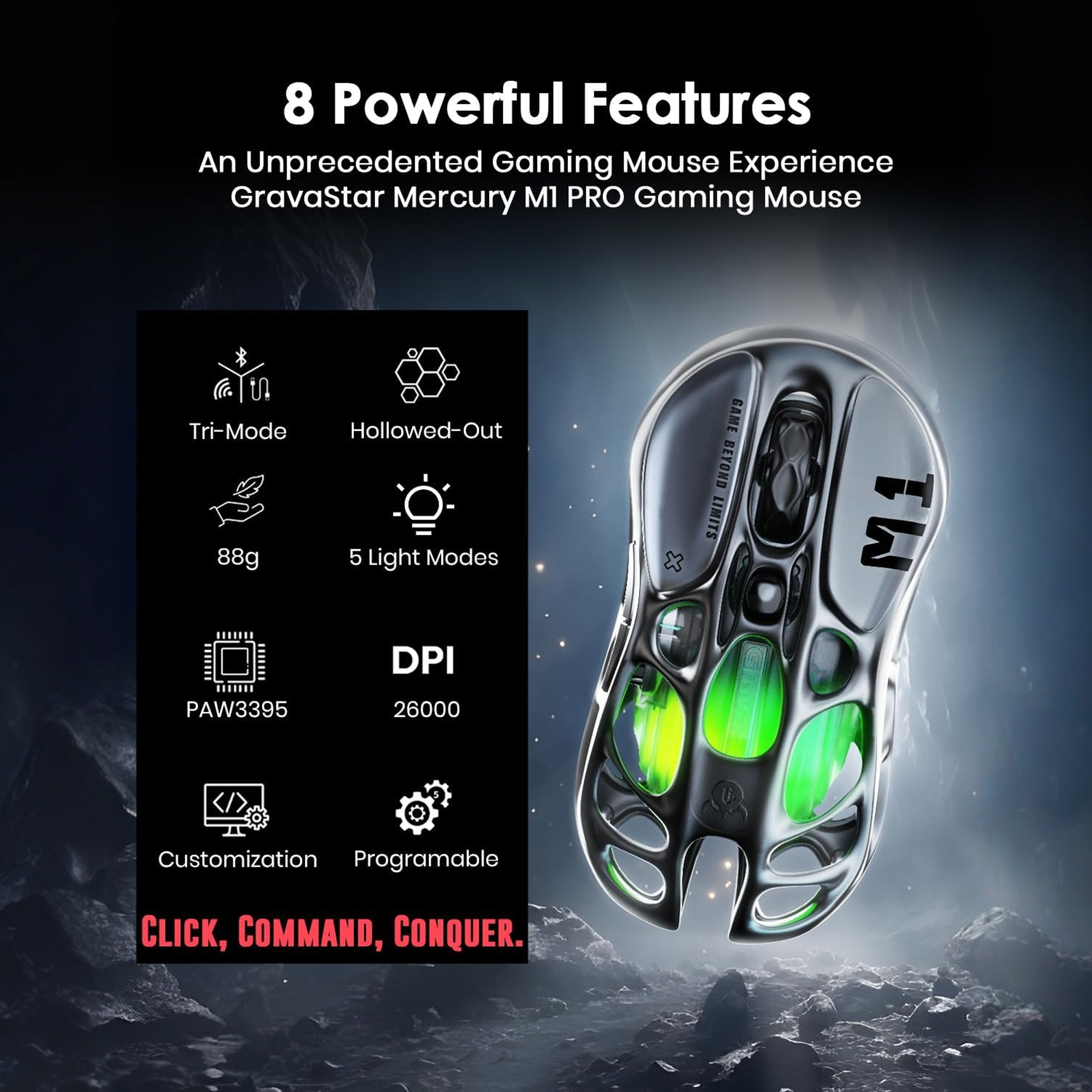 GravaStar Mercury M1 Pro Wireless Gaming Mouse – 26,000 DPI PAW3395DM Sensor • Magnesium Alloy • Tri-Mode Wired/2.4GHz/Bluetooth • 4K Polling Rate-Gunmetal Gray