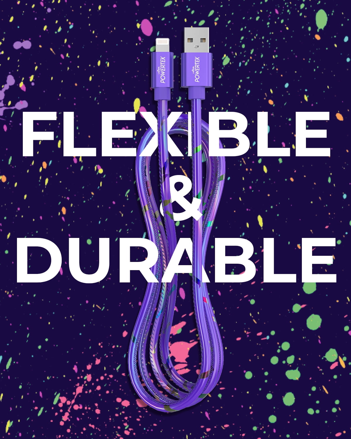 Liquipel Powertek iPad & iPhone Lightning Charger Cable, Fast Charging 6ft MFI, Neon Party