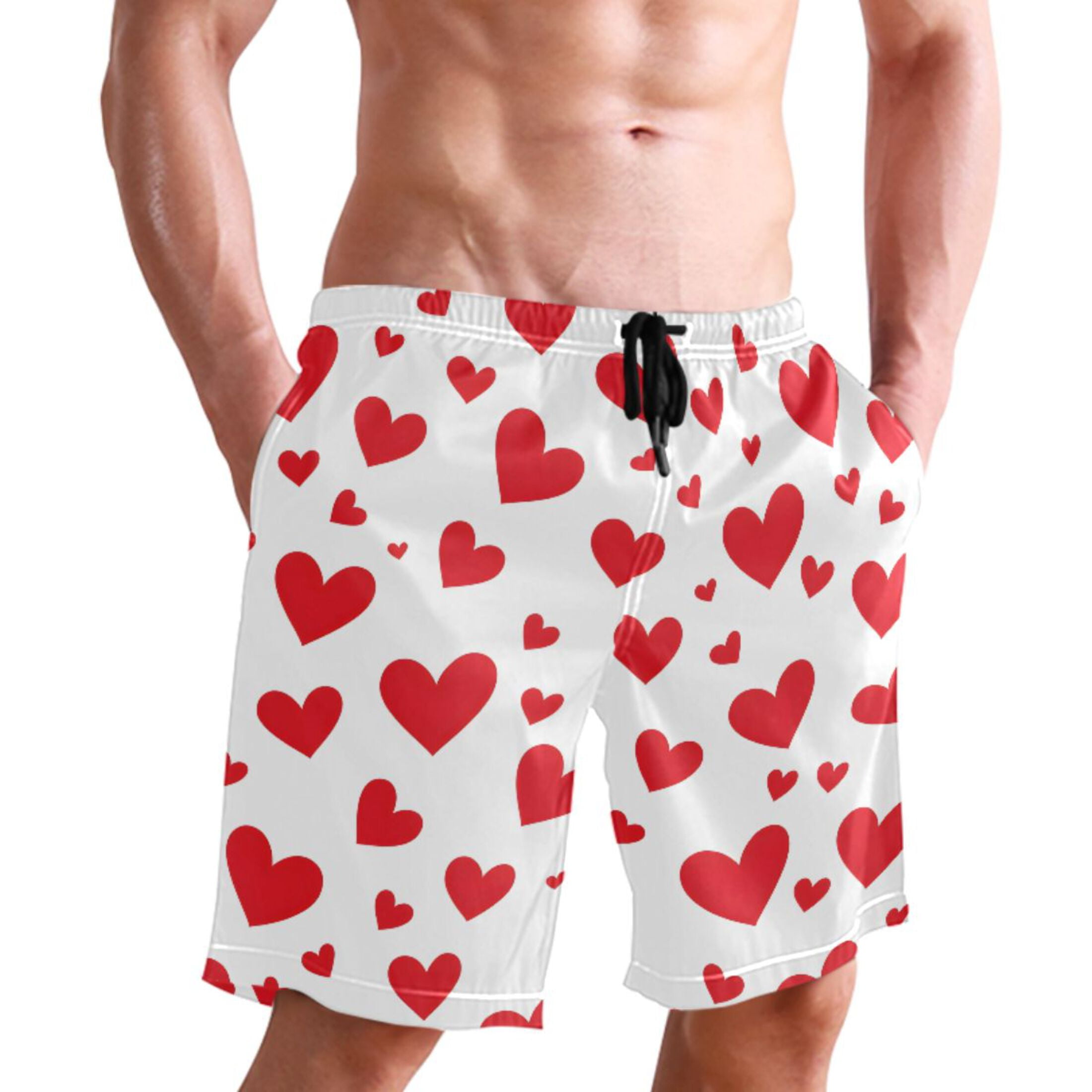 joogoo Men's Swim Trunks Red Hearts Beach Shorts with Pockets 2XL