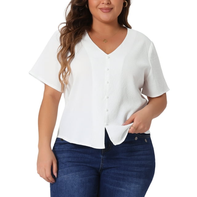 Camisa casual de verano de mujer plus size Agnes Orinda, con cuello en V, manga corta y botones, talla 4X, blanca