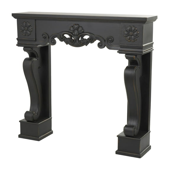 DecMode 45" x 43" Wood Black Freestanding Scroll Surround Fireplace Mantle with Floral Accents