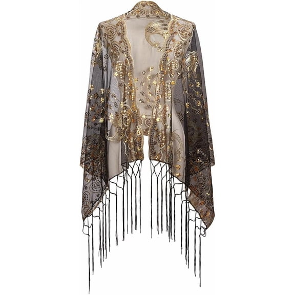 Black Floral Lace Shawl Wraps Sparkly Sequin Fringe Tassel Scarf with Gold Flower Peacock Patterns Vintage 1920S Long Chiffon Pashmina Shawls for Women Evening Dress Formal Wedding Party 1pc