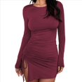 thumbnail image 2 of Vestido Corto de Punto Elástico, Ajustado, Fruncido, con Cordón Ajustable, Liso, de Otoño, Cuello Redondo, Larga Vino Tinto XL, 2 of 7