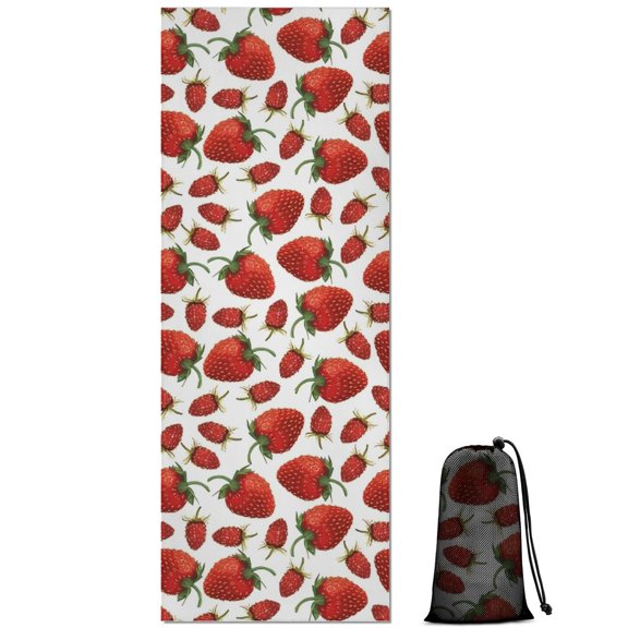 Red Strawberry Plants Fruit White Pattern Hot Yoga Mat Towel Non Slip for Hot Yoga - Quick-Drying Yoga Mat Cover with 4 Corner Pockets with Travel Bag - Hot Yoga Towel Non Slip 70"x26"