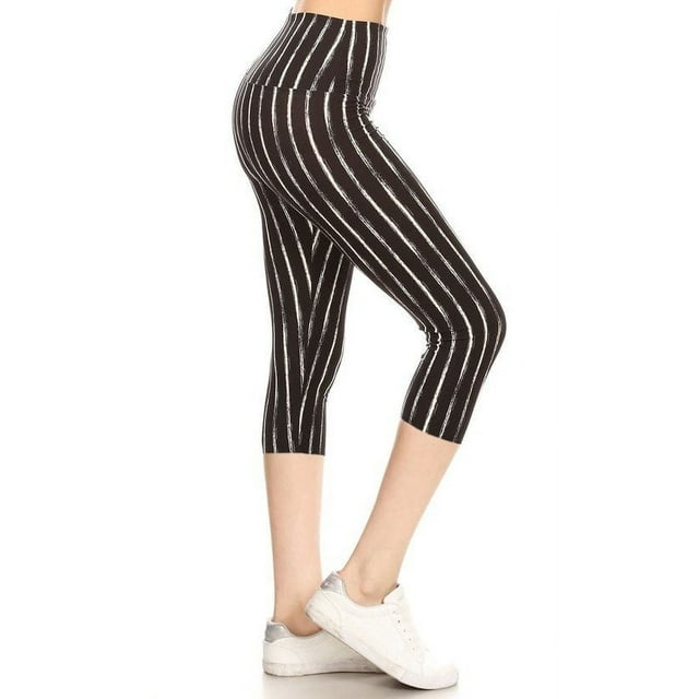 Yoga Style Banded Lined Stripe Printed Knit Capri Legging Multi