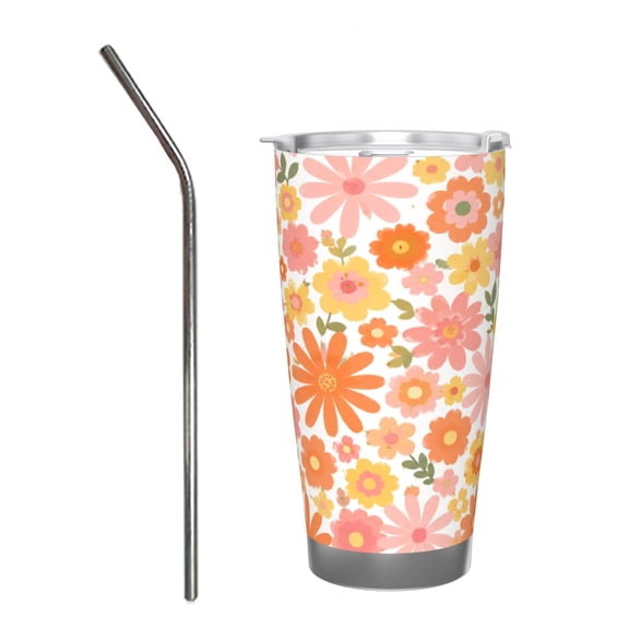 20oz Retro Floral Insulated Tumbler with Handle and Straw Cute Daisy Travel Coffee Cup Gift for Women with Stainless Steel Straw