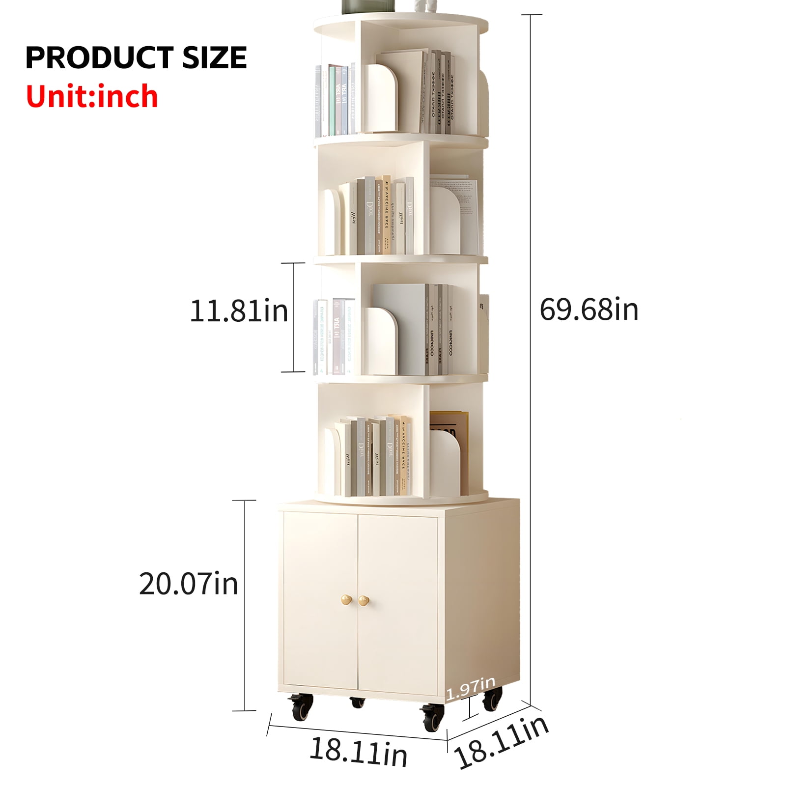 Rotating Bookshelf, 5 Tier Corner Bookcase with Storage Drawer and 360-Degree Rotation, Modern Design for Bedroom or Office, White Finish