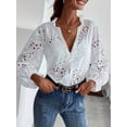 thumbnail image 4 of Women Deep V Neck Eyelet Blouses 3/4 Balloon Sleeve Button Down Hollow Out Fall Shirts White XL, 4 of 9
