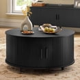 thumbnail image 3 of 31.5 Inch Round Coffee Table, Mid-Century Modern Coffee Table wtih Storage, Fluted Coffee Table with Adjustable Footpads, 360° Rotating Sliding Door, Center Table for Living Room (Black), 3 of 9