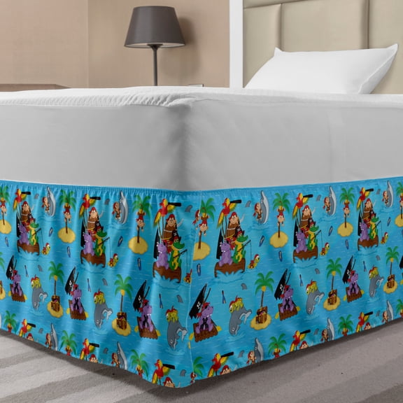 Pirates Bed Skirt, Friendly and Funny Cartoon Animals Floating on Blue Sea Tropical Island Treasure, Elastic Bedskirt Dust Ruffle Wrap Around for Bedding Decor, 4 Sizes, Multicolor, by Ambesonne