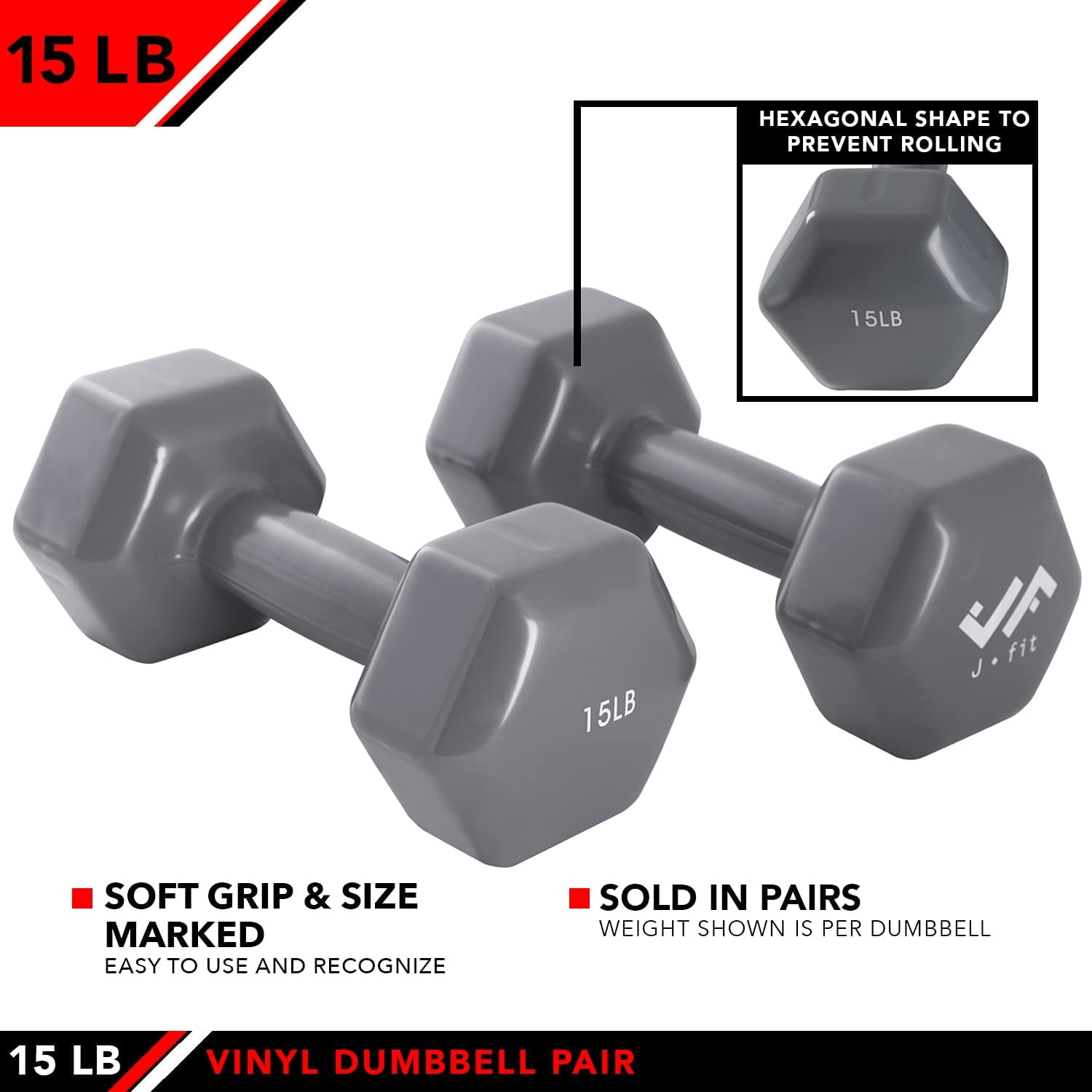 JFIT Vinyl Dumbbell (Set of 2), 15 LBS