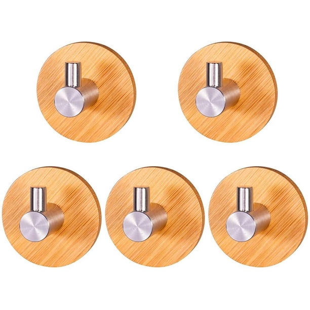 Laklulu Toallero de Madera, Paquete de 5 Ganchos Autoadhesivos, Ganchos de Pared de Acero Inoxidable 304 y bambú, Ganchos de Pared autoadhesivos de Madera de bambú, Ganchos Adhesivos para salón,
