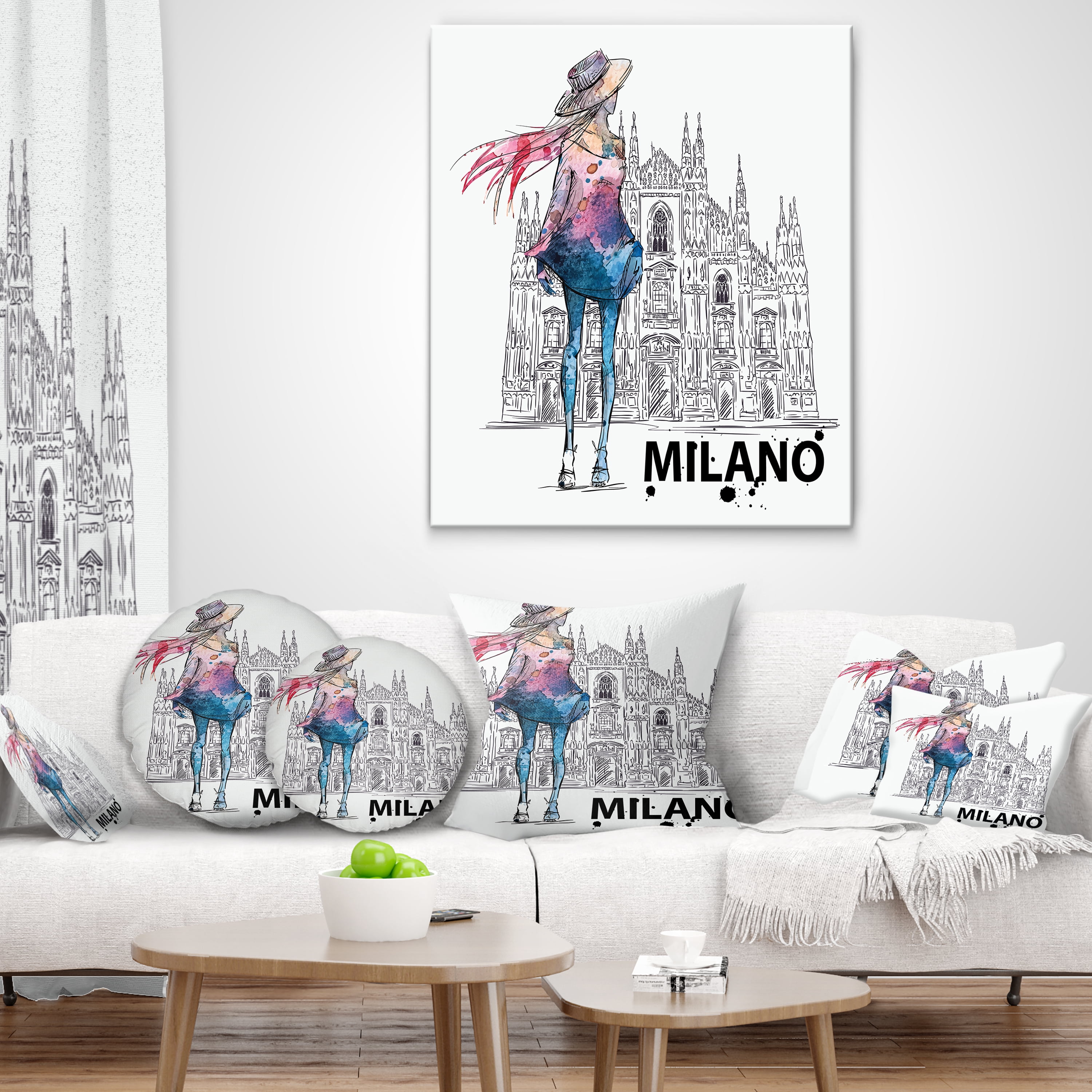 Designart Girl on a Milano Duomo - Contemporary Throw Pillow - 18x18